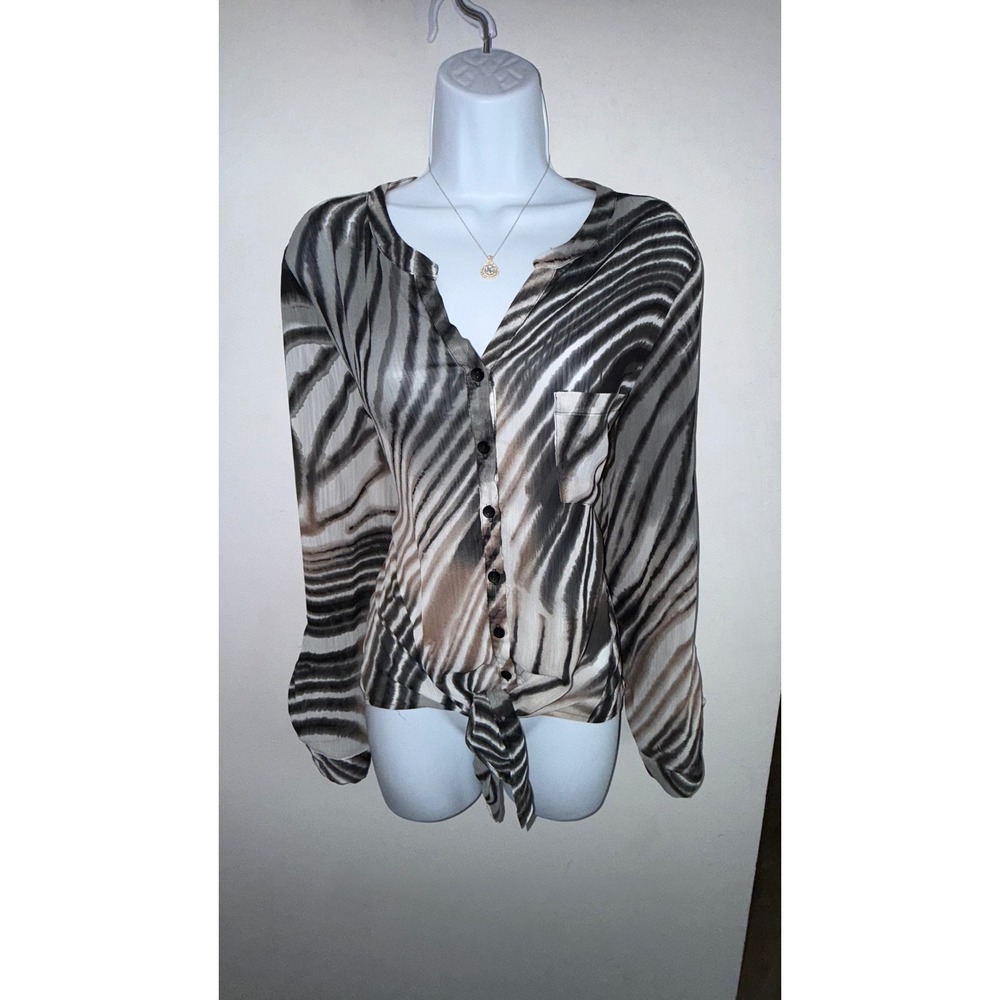 New Direction Zebra Print Tie Front Button Down Blouse Long Sleeve Top Large